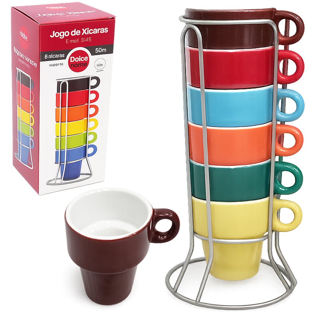 JOGO DE XICARA DE PORCELANA EMPILHAVEL PARA CAFE 6 PECAS 50ML + SUPORTE ARAMADO 19X8,5CM DE Ø 