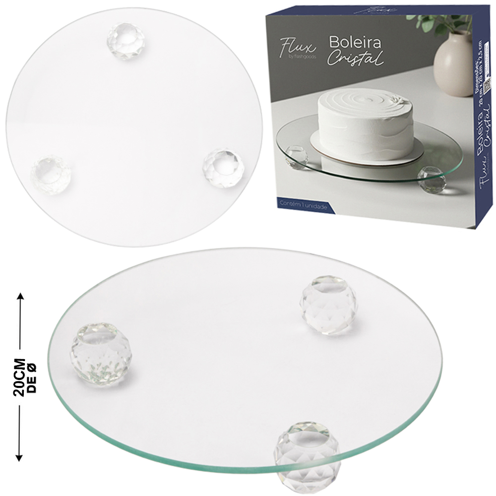 PRATO DE VIDRO CRISTAL PARA BOLO / DOCES COM PE FLUX TRANSPARENTE 2,5X20CM DE Ø 