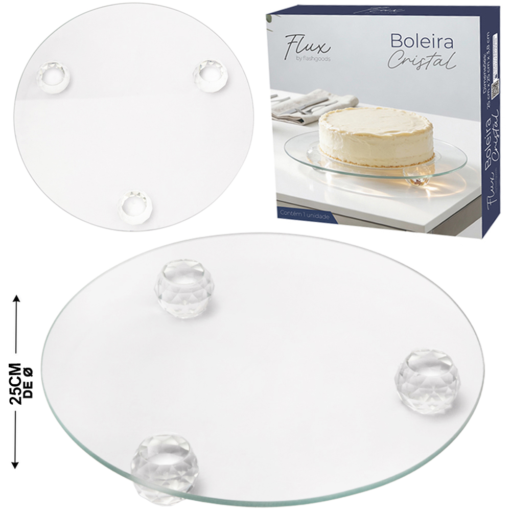 PRATO DE VIDRO CRISTAL PARA BOLO / DOCES COM PE FLUX TRANSPARENTE 3,8X25CM DE Ø 