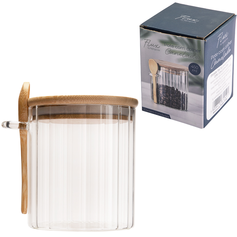 POTE DE VIDRO BOROSSILICATO CANELADO REDONDO COM ALCA + COLHER E TAMPA HERMETICA MADEIRA / BAMBU FLUX 450ML 