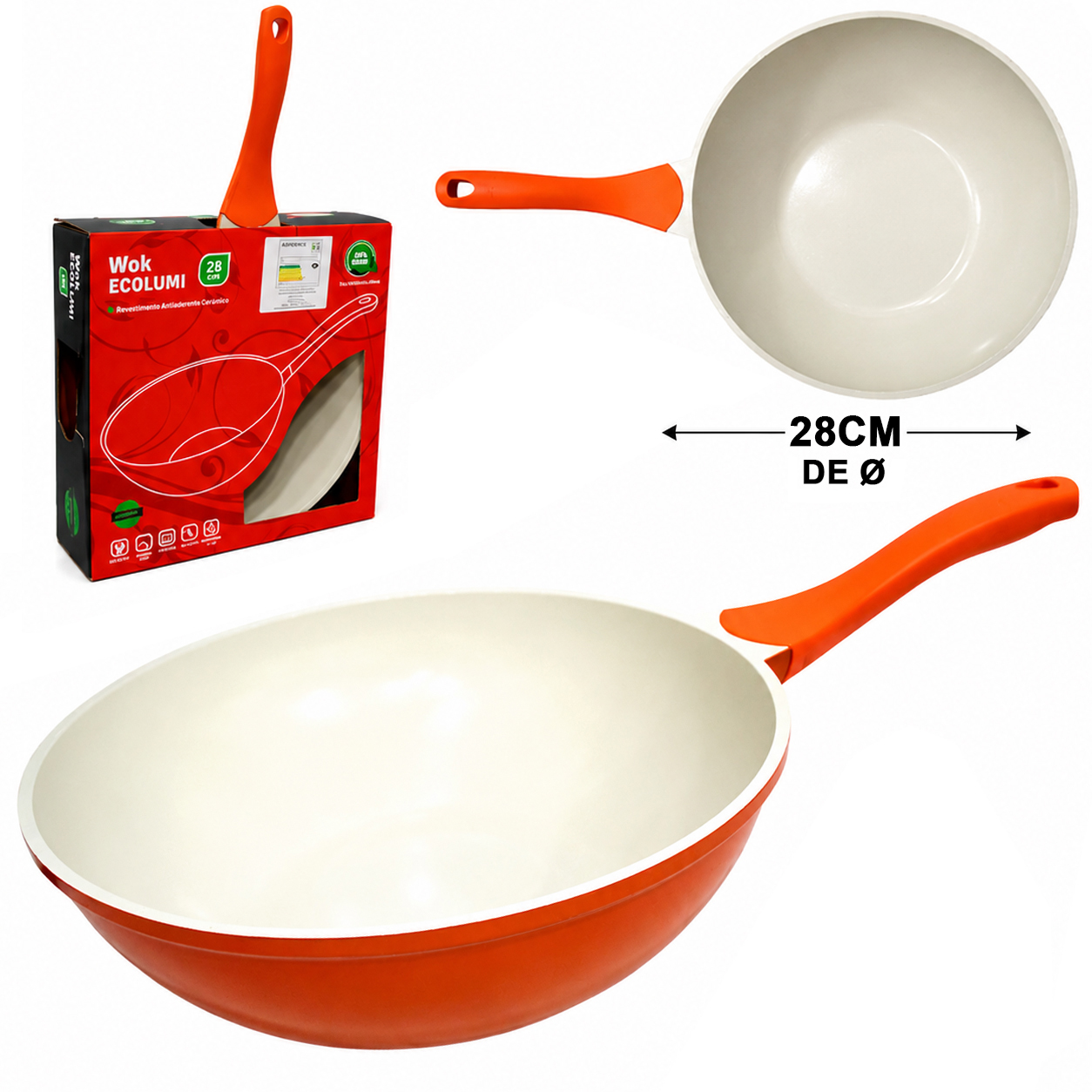 FRIGIDEIRA REVESTIDA CERAMICA ANTIADERENTE PFOA E PTFE EXCILON LARANJA CABO SOFT TOUCH WOK ECOLUMI 28CM DE Ø 