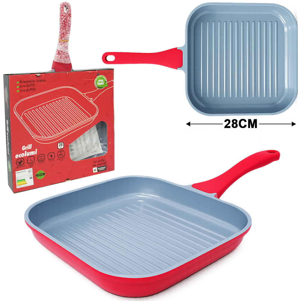 FRIGIDEIRA GRILL QUADRADA REVESTIDA CERAMICA ANTIADERENTE PFOA E PTFE EXCILON ECOLUMI 28CM 2,4L