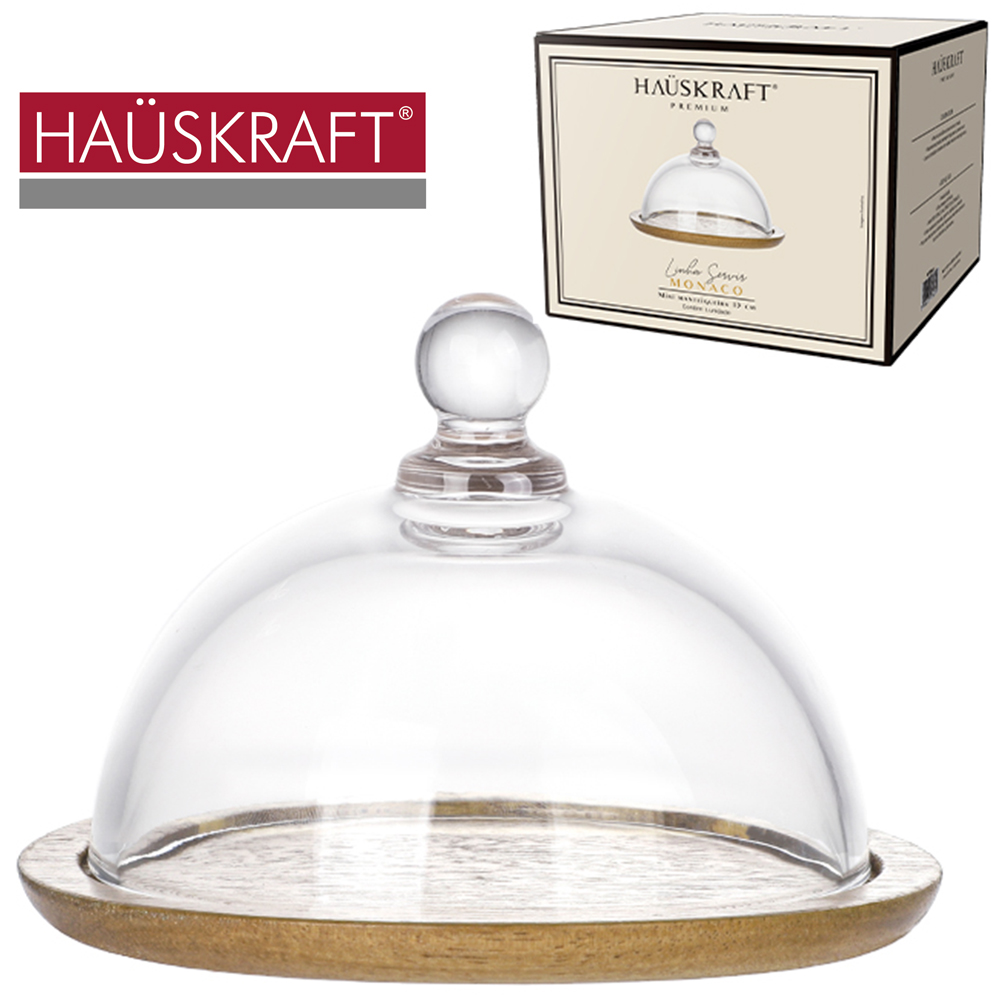 MINI MANTEIGUEIRA MADEIRA ACACIA REDONDA COM TAMPA DE VIDRO CRISTAL LISO LINHA SERVIR MONACO PREMIUM