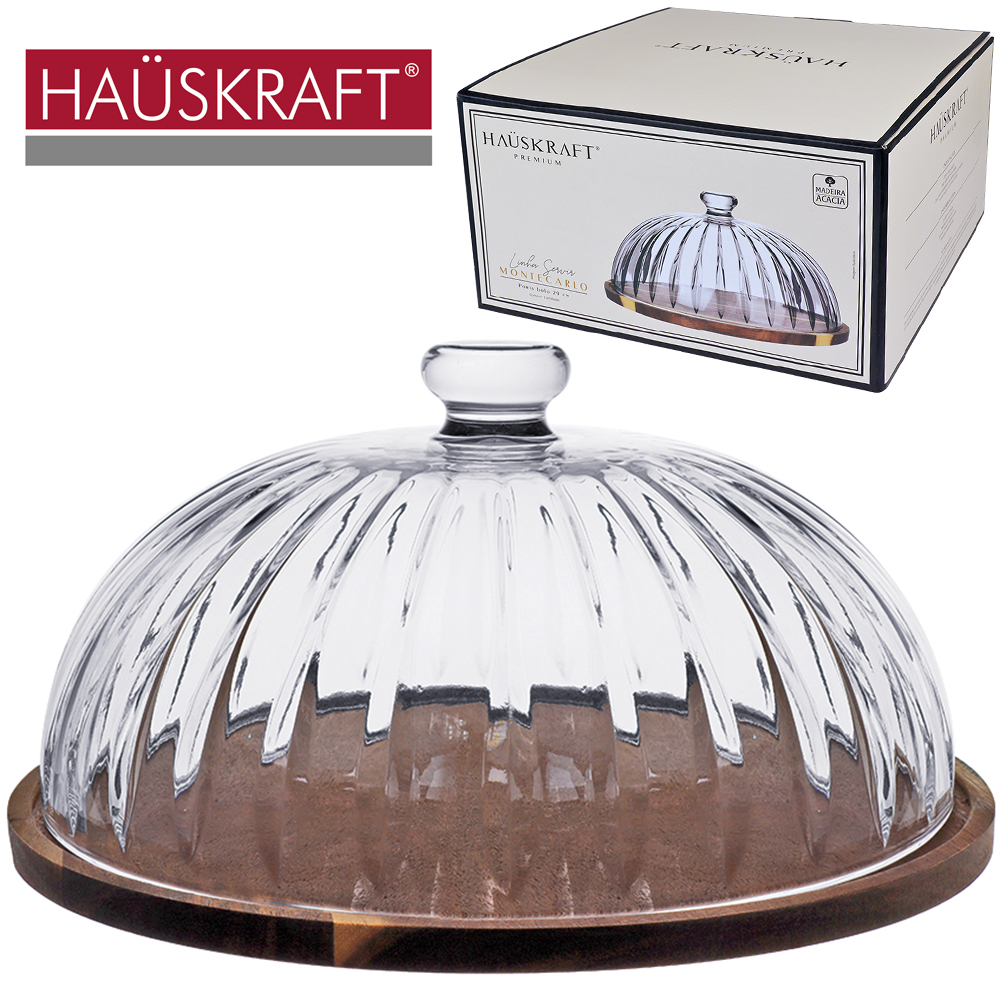 BOLEIRA MADEIRA ACACIA COM TAMPA DE VIDRO CRISTAL CANELADO LINHA SERVIR MONTECARLO PREMIUM 14X29CM DE Ø 