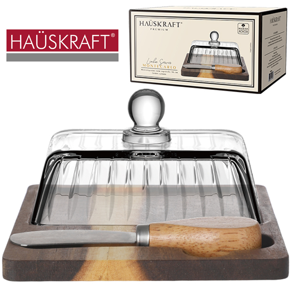 MANTEIGUEIRA MADEIRA ACACIA+ESPATULA+TAMPA DE VIDRO CRISTAL CANELADO LINHA SERVIR MONTECARLO PREMIUM