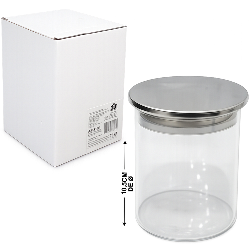 POTE DE VIDRO BOROSSILICATO REDONDO COM TAMPA HERMETICA DE INOX 600ML