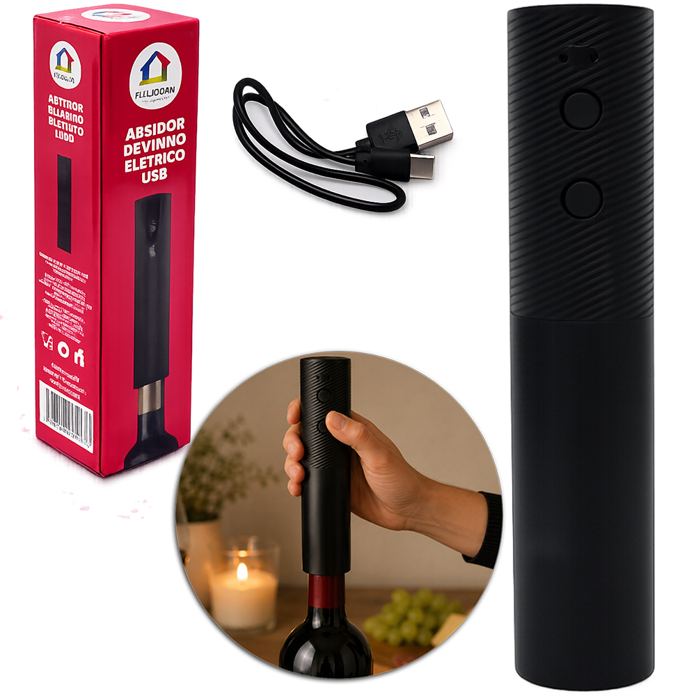 ABRIDOR DE VINHO / SACA ROLHA DE INOX / PLASTICO RECARREGAVEL COM CABO USB 20X4,5CM DE Ø 
