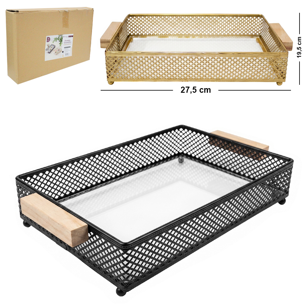 BANDEJA DE METAL COM FUNDO DE ACRILICO RETANGULAR + ALCA DE MADEIRA DECORATIVA DECOR 27,5X19,5X6CM