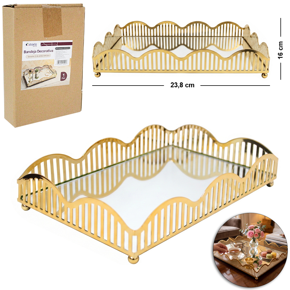 BANDEJA DE METAL COM ESPELHO RETANGULAR DECORATIVA METALIZADO DOURADO DECOR P 23,8X16X4,8CM