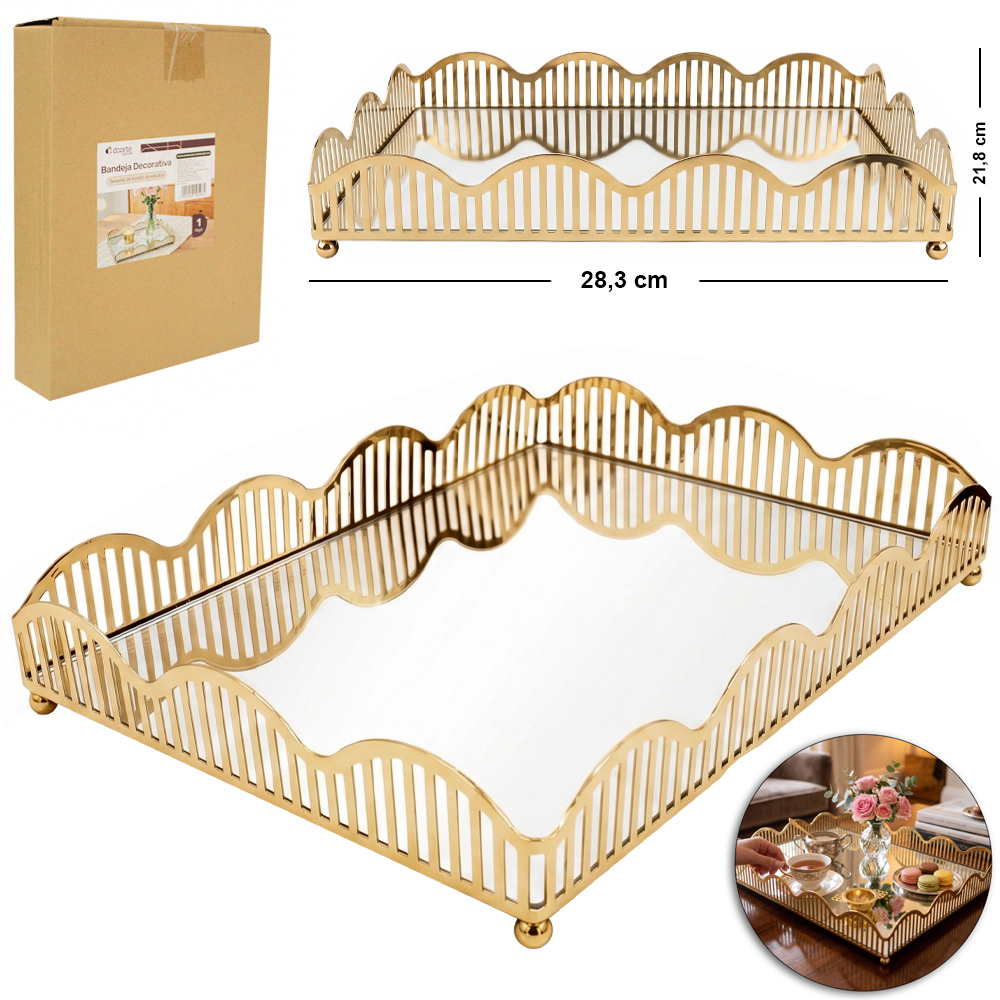 BANDEJA DE METAL COM ESPELHO RETANGULAR DECORATIVA METALIZADO DOURADO DECOR M 28,3X21,8X4,8CM