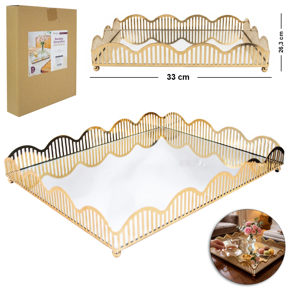 BANDEJA DE METAL COM ESPELHO RETANGULAR DECORATIVA METALIZADO DOURADO DECOR G 33X26,3X4,8CM
