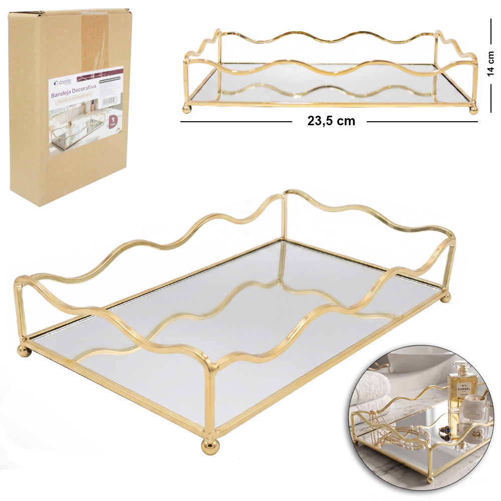 BANDEJA ARAMADO COM ESPELHO RETANGULAR DECORATIVA METALIZADO DOURADO DECOR P 23,5X14X5,8CM