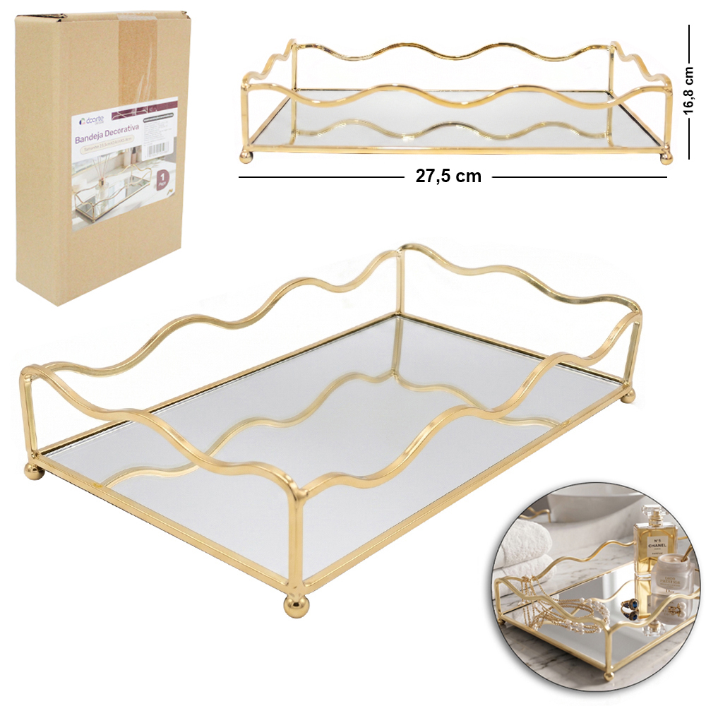 BANDEJA ARAMADO COM ESPELHO RETANGULAR DECORATIVA METALIZADO DOURADO DECOR M 27,5X16,8X5,8CM