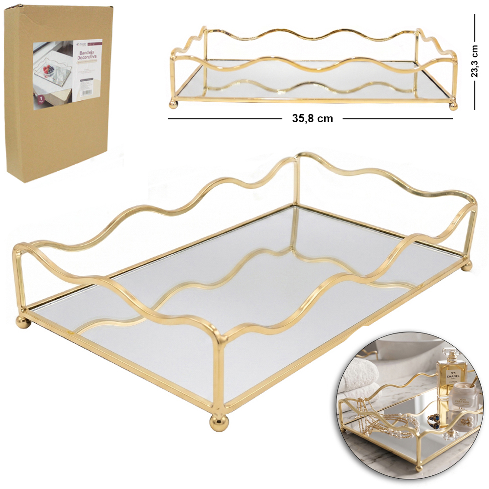 BANDEJA ARAMADO COM ESPELHO RETANGULAR DECORATIVA METALIZADO DOURADO DECOR G 35,8X23,3X5,8CM