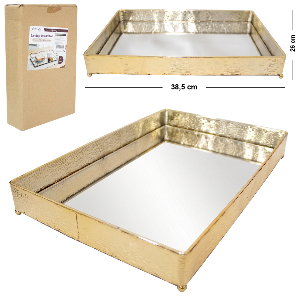 BANDEJA DE METAL COM ESPELHO RETANGULAR DECORATIVA METALIZADO DOURADO DECOR G 38,5X26X5,3CM
