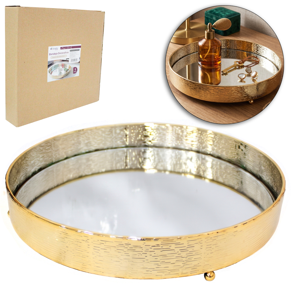 BANDEJA DE METAL COM ESPELHO REDONDO DECORATIVA METALIZADO DOURADO DECOR P 5X30CM DE Ø
