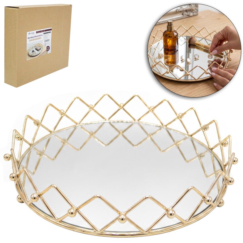 BANDEJA ARAMADO COM ESPELHO REDONDO DECORATIVA METALIZADO DOURADO DECOR M 5,3X24,5CM DE Ø 