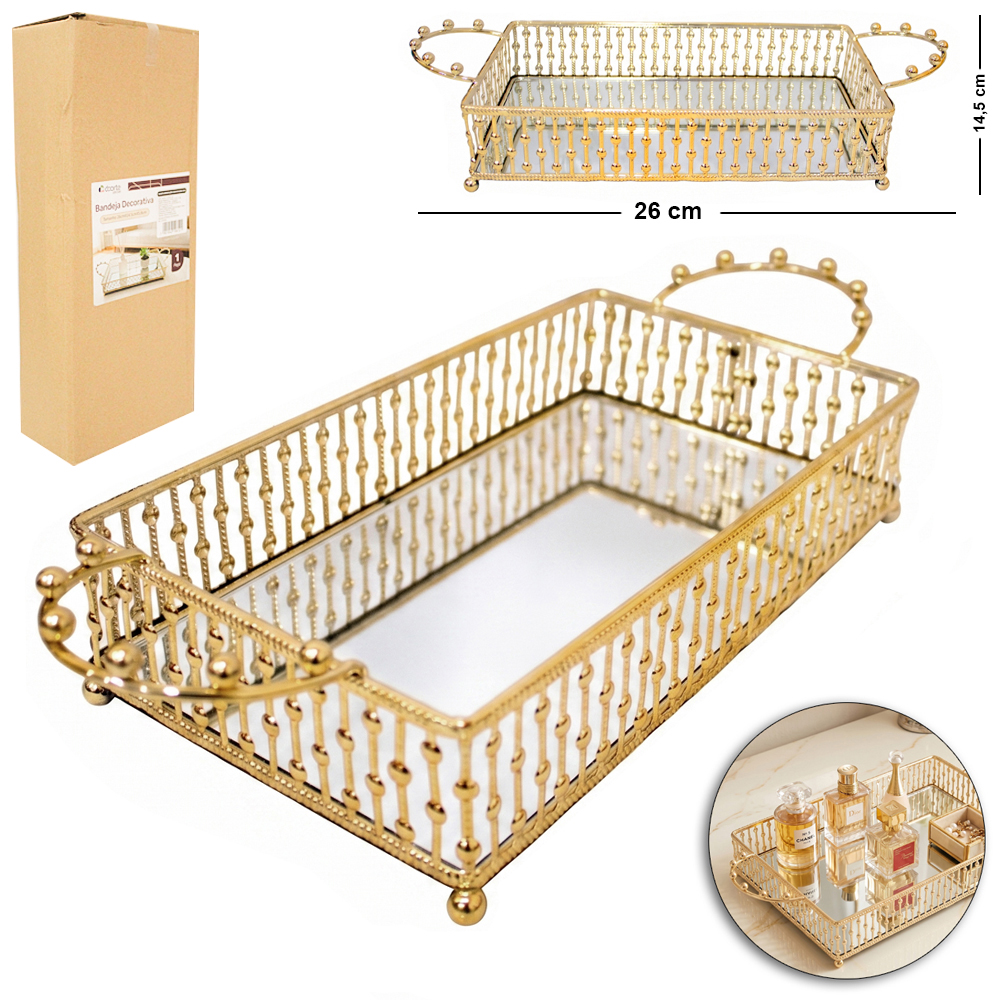 BANDEJA DE METAL COM ESPELHO RETANGULAR + ALCA DECORATIVA METALIZADO DOURADO DECOR P 26X14,5X5,8CM