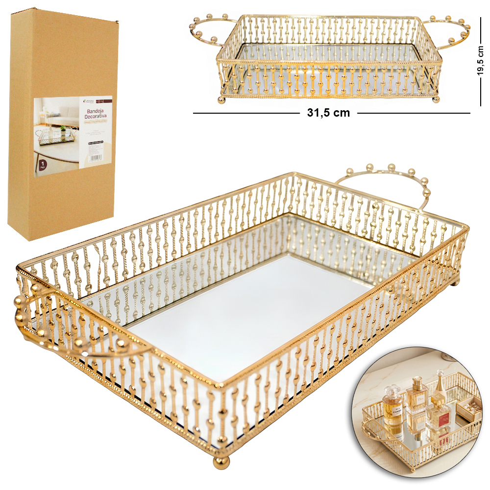 BANDEJA DE METAL COM ESPELHO RETANGULAR + ALCA DECORATIVA METALIZADO DOURADO DECOR M 31,5X19,5X5,8CM