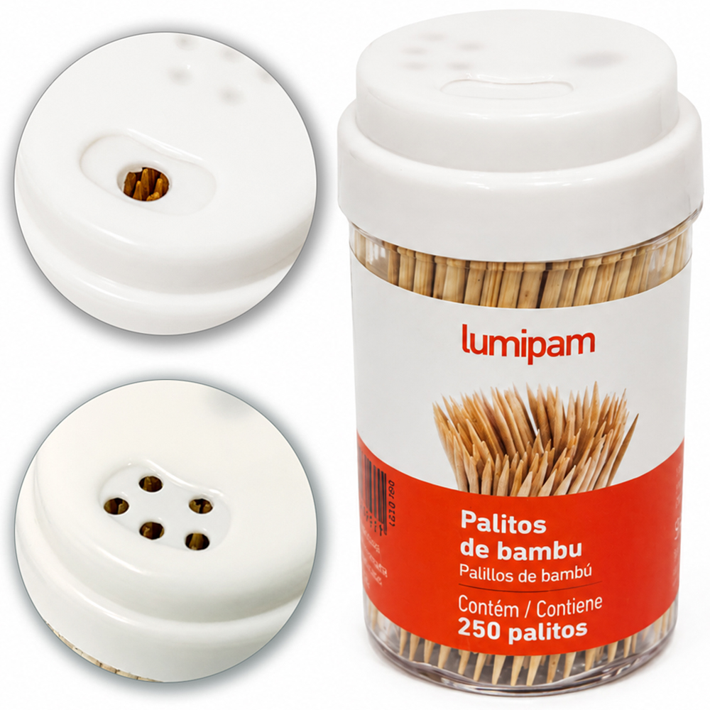 PALITEIRO DE PLASTICO COM 250 PALITOS DE BAMBU 7,5X4,5CM DE Ø 