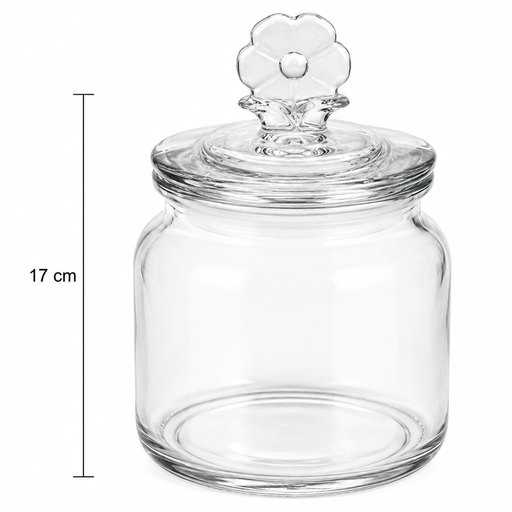 POTE DE VIDRO REDONDO COM TAMPA HERMETICA FLOR DE VIDRO 650ML