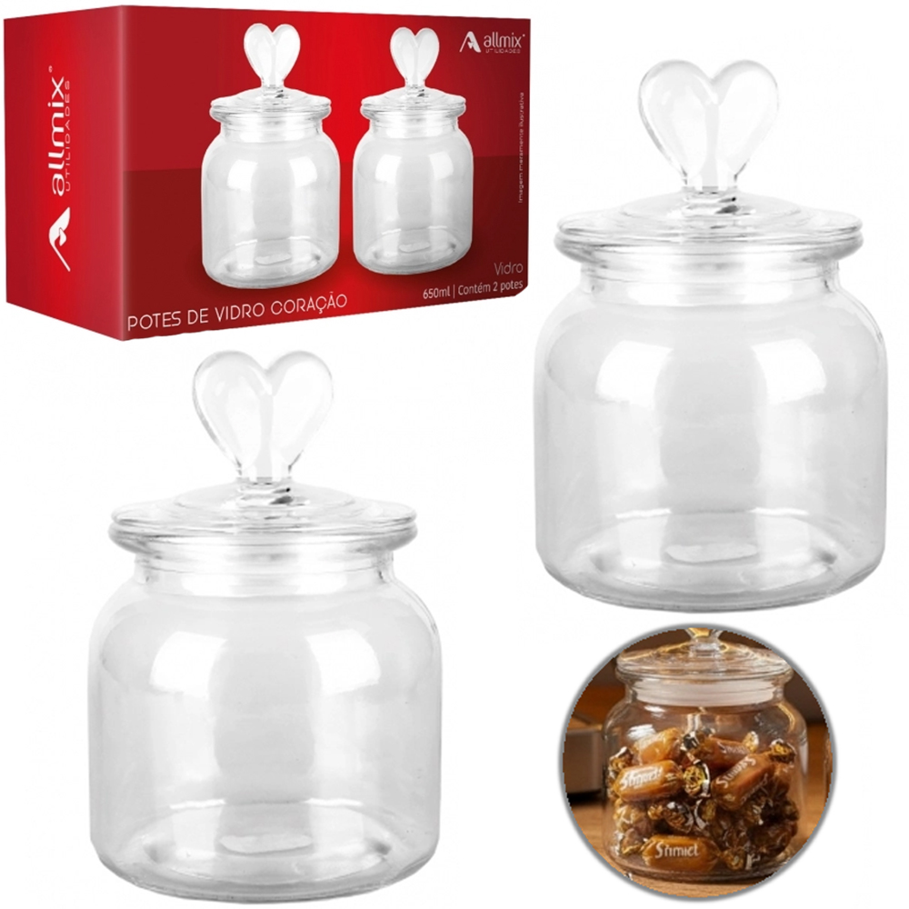 CONJUNTO DE POTE DE VIDRO REDONDO COM TAMPA HERMETICA CORACAO DE VIDRO COM 2 PECAS 650ML 