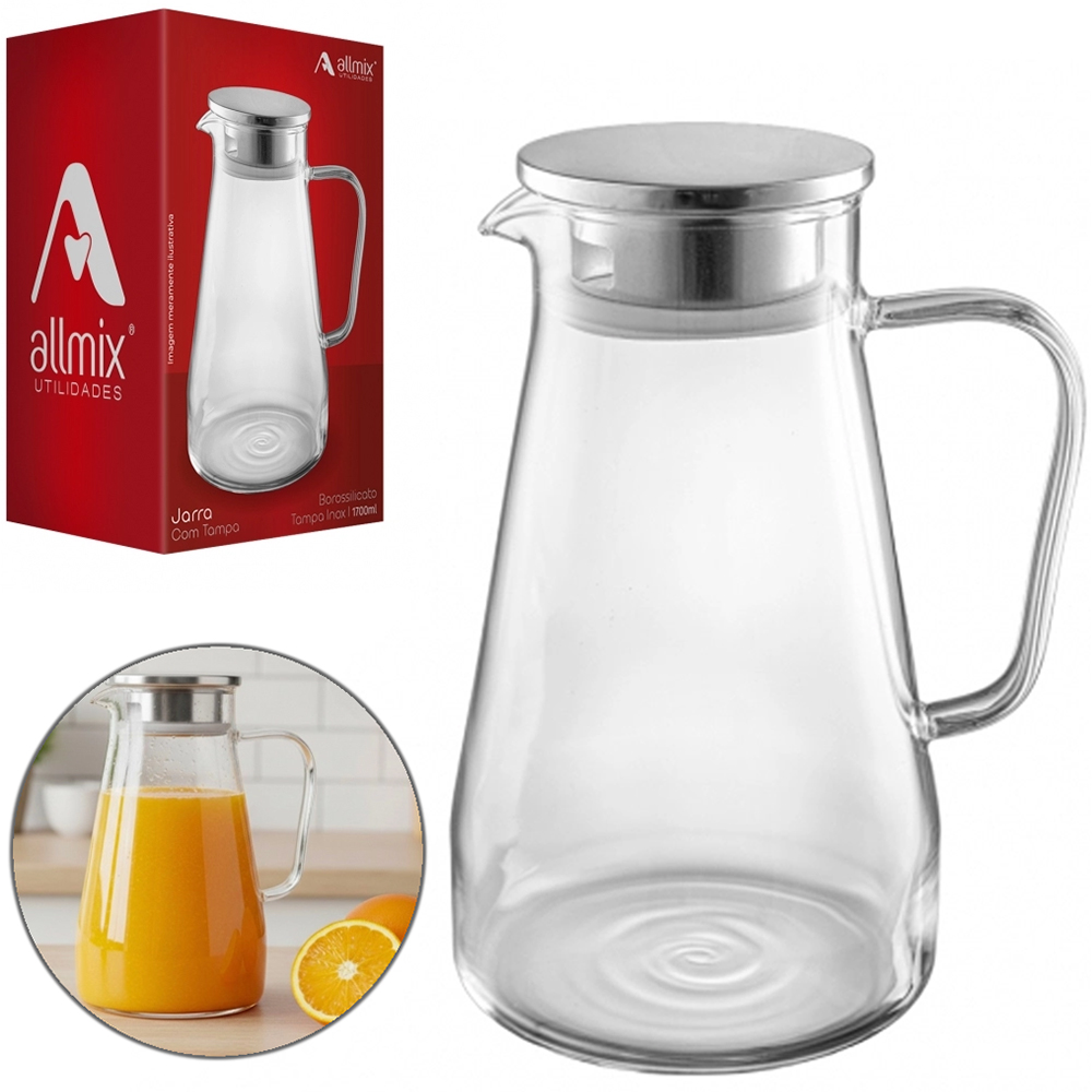 JARRA DE VIDRO BOROSSILICATO COM TAMPA DE INOX 1650ML 