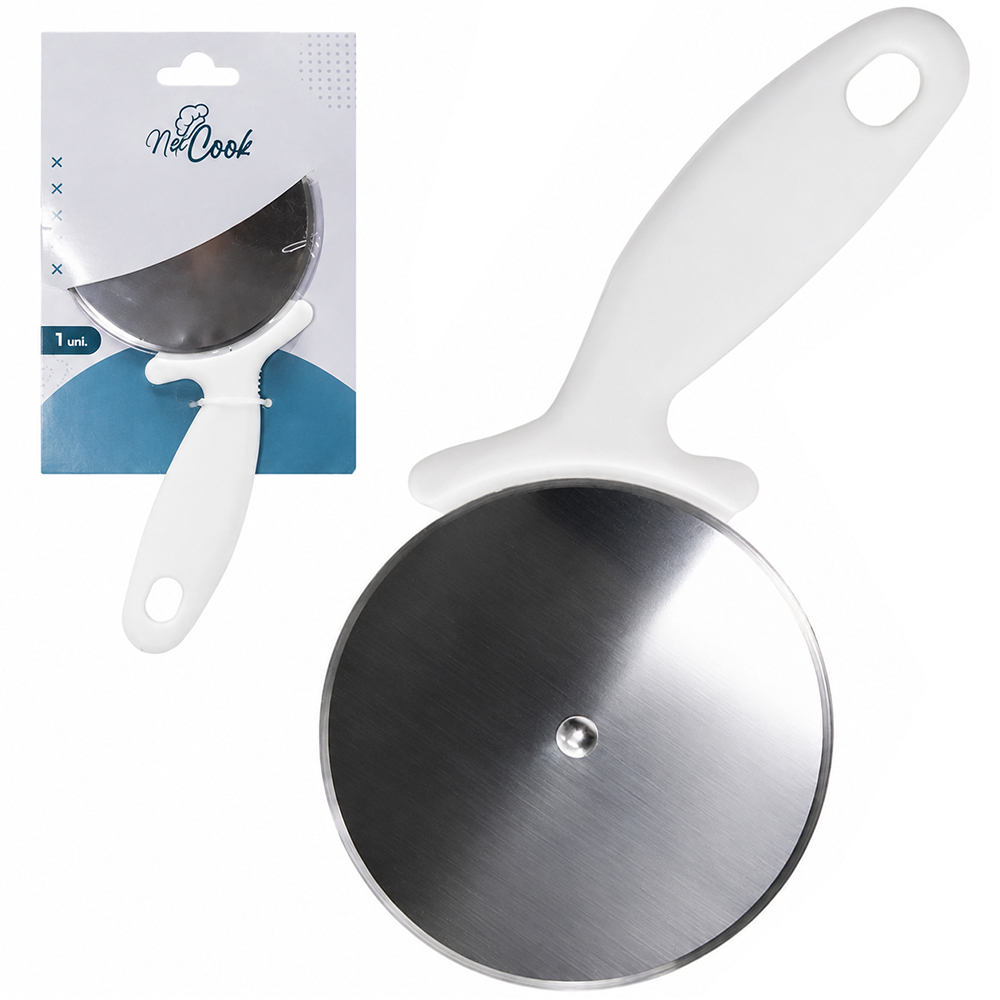 CARRETILHA CORTADOR DE PIZZA DE INOX  CABO PLASTICO BRANCO NEX COOK 21X10CM
