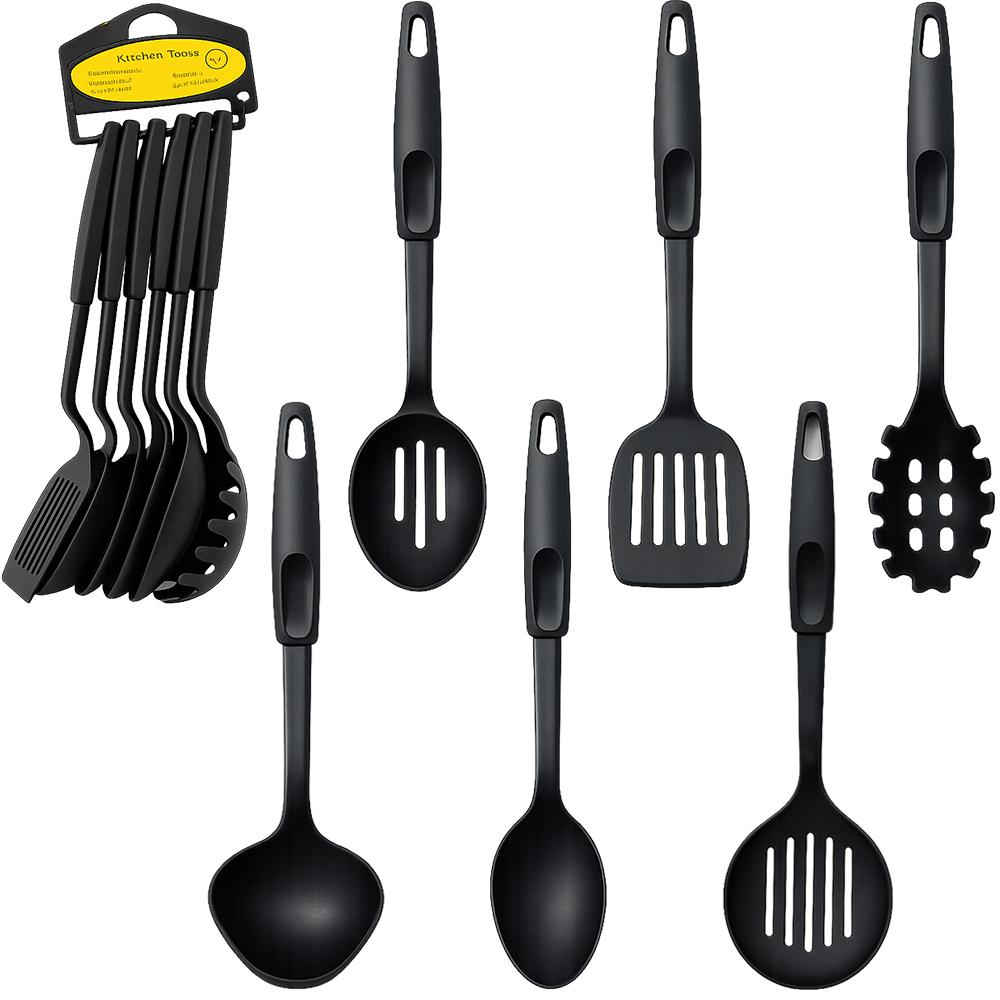 KIT UTENSILIOS COM 2 COLHER / CONCHA / PEGADOR / ESCUMADEIRA / ESPATULA VAZADA DE NYLON NEX COOK PRETO