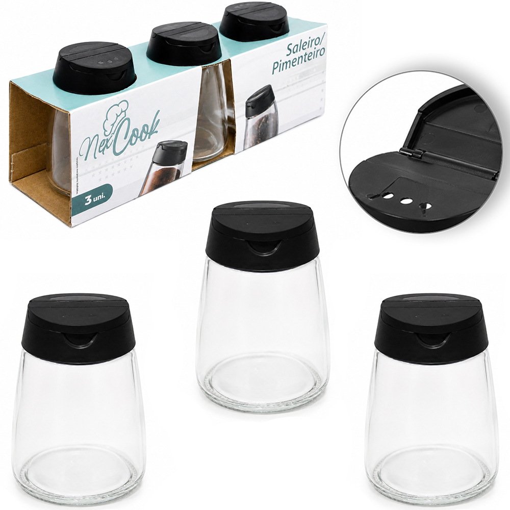 PORTA CONDIMENTO / QUEIJEIRA DE VIDRO COM TAMPA DE PLASTICO NEX COOK COM 3 PECAS 130ML