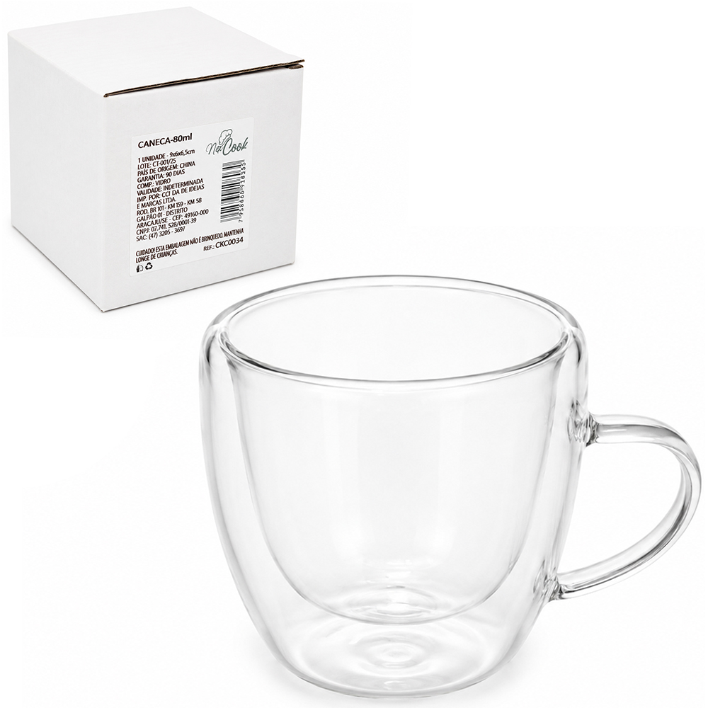 CANECA XICARA DE VIDRO BOROSSILICATO PAREDE DUPLA BISTRO PARA CAFE / CAPPUCCINO NEX COOK 90ML