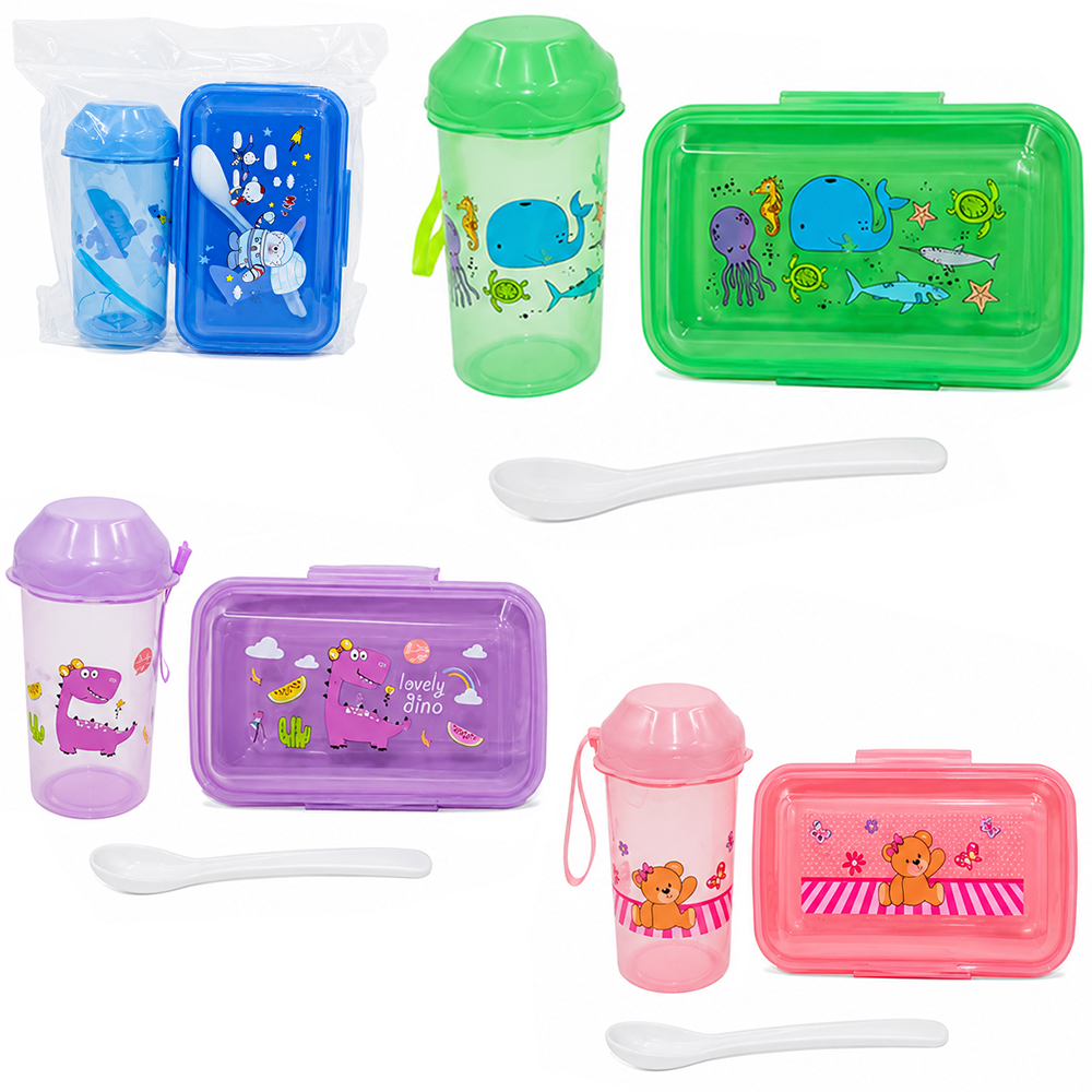 KIT ALIMENTACAO / PAPINHA VIAGEM MARMITA DE PLASTICO RETANGULAR COM TAMPA + COLHER E COPO 300ML