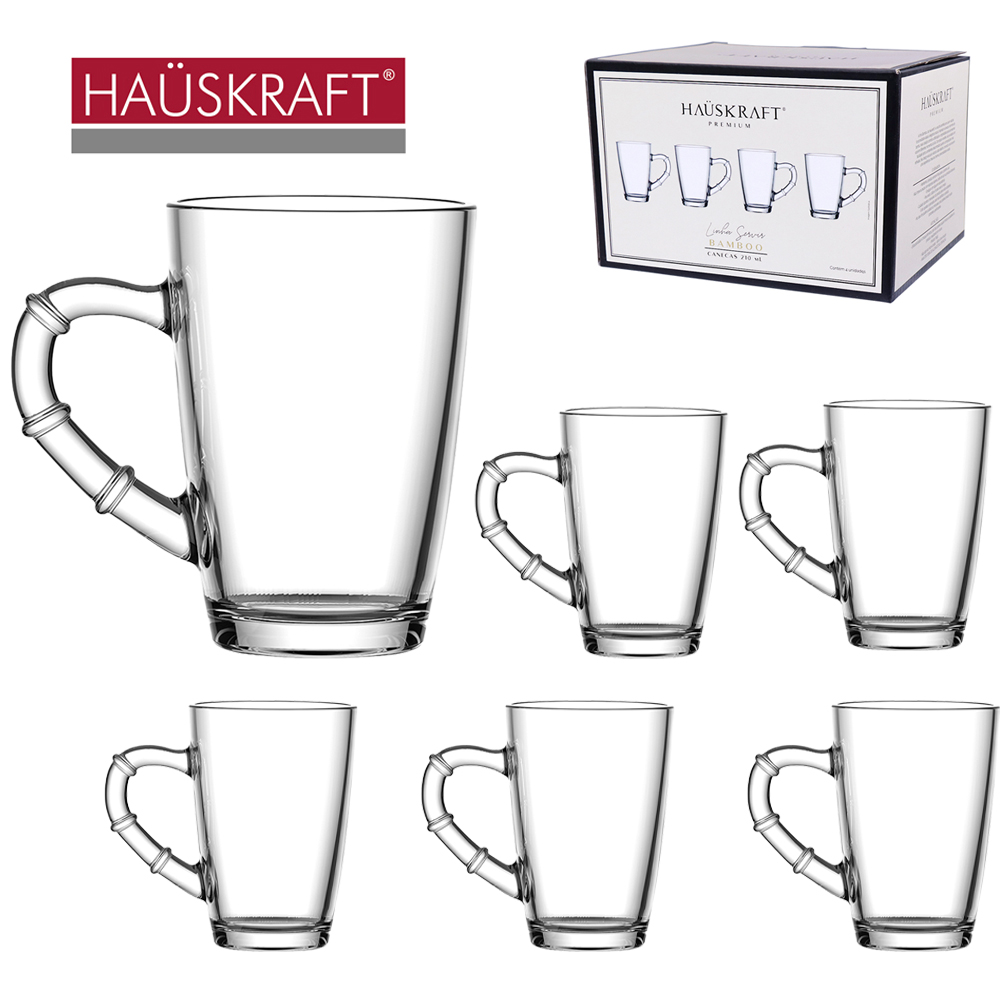 JOGO DE CANECA XICARA DE VIDRO PARA CAFE / CAPPUCCINO LINHA SERVIR BAMBOO HAUSKRAFT PREMIUM 4 PECAS 210ML