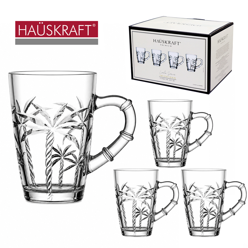 JOGO DE CANECA XICARA DE VIDRO PARA CAFE / CAPPUCCINO LINHA SERVIR TRANCOSO HAUSKRAFT PREMIUM 4 PECAS 210ML