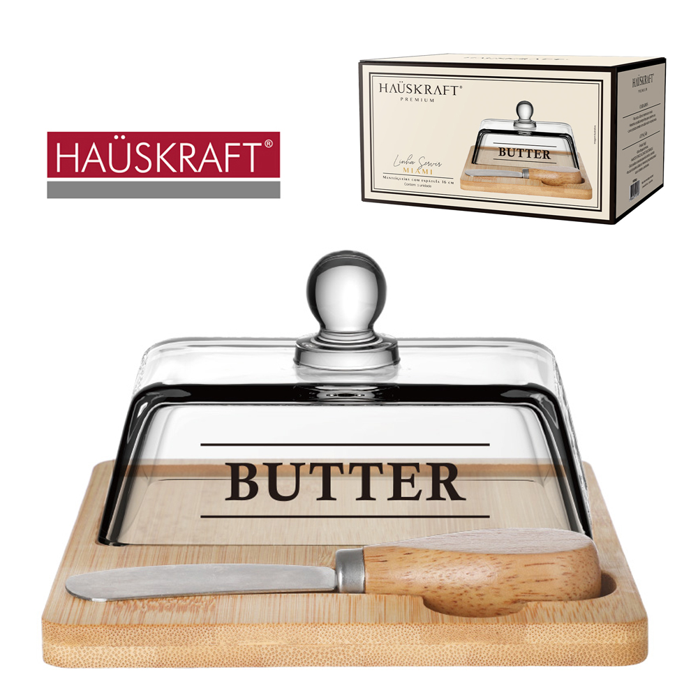 MANTEIGUEIRA DE BAMBU RETANGULAR COM TAMPÁ DE VIDRO CRISTAL BUTTER LINHA SERVIR MIAMI HAUSKRAFT PREMIUM
