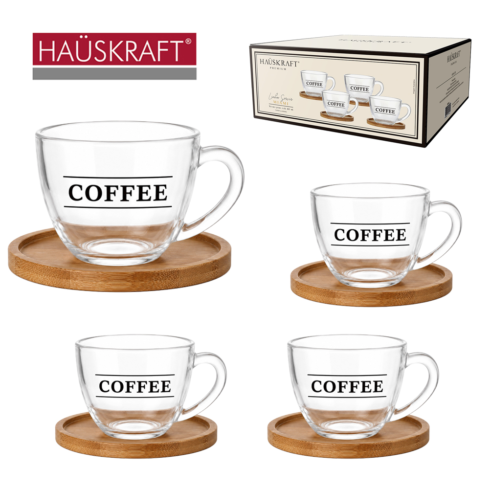 JOGO XICARA VIDRO CRISTAL + (PORTA COPO) SUPORTE BAMBU PARA CAFE LINHA SERVIR MIAMI HAUSKRAFT PREMIUM 8 PECAS