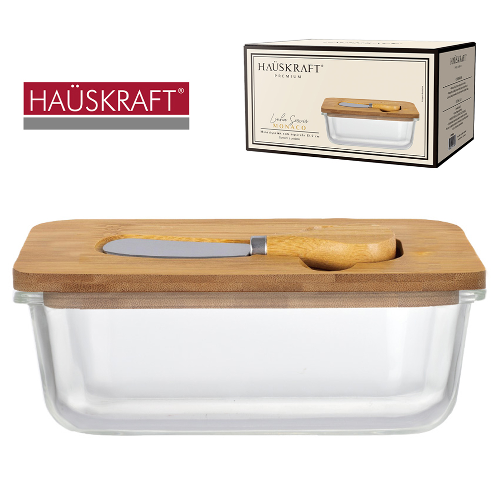 MANTEIGUEIRA DE VIDRO CRISTAL COM ESPATULA + TAMPA DE BAMBU LINHA SERVIR MONACO HAUSKRAFT PREMIUM