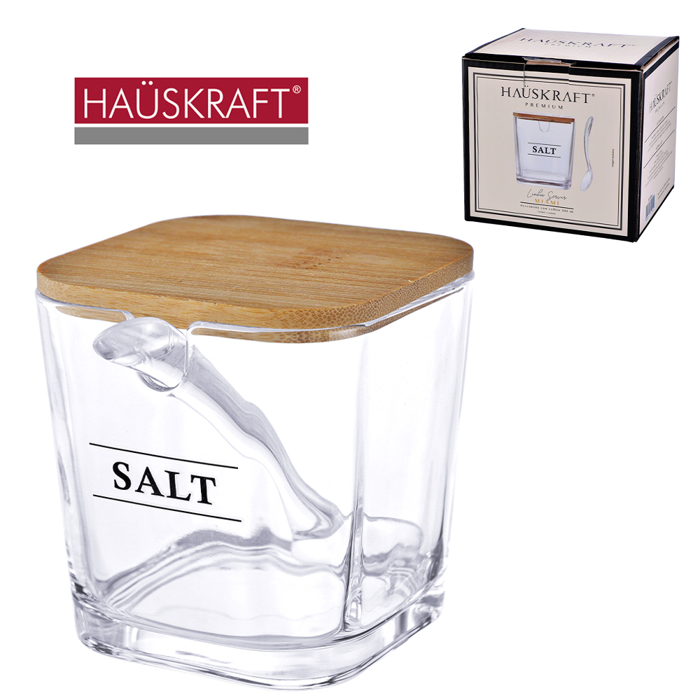 SALEIRO DE VIDRO COM TAMPA DE BAMBU + COLHER DE ACRILICO LINHA SERVIR MIAMI HAUSKRAFT PREMIUM 300ML