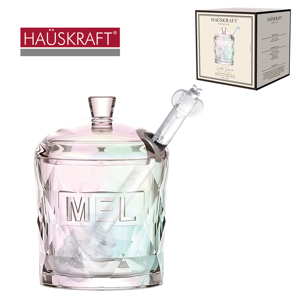 PORTA MEL / MELEIRA VIDRO CRISTAL COM TAMPA + PEGADOR ACRILICO LINHA SERVIR MEMORY HAUSKRAFT PREMIUM CINTILANTE