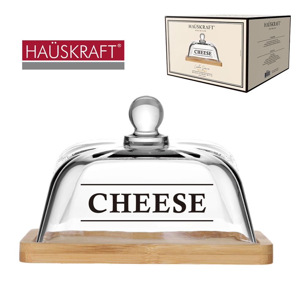 QUEIJEIRA DE BAMBU QUADRADA COM TAMPA DE VIDRO CRISTAL CHEESE LINHA SERVIR MIAMI HAUSKRAFT PREMIUM 18,5X12CM