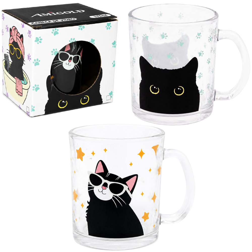 CANECA XICARA DE VIDRO GATO 335ML