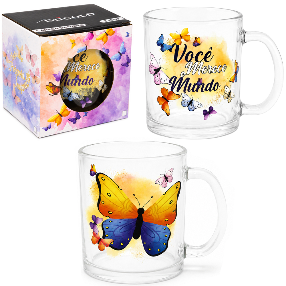 CANECA XICARA DE VIDRO VOCE MERECE O MUNDO / SEJA SUA PROPRIA INSPIRACAO 335ML