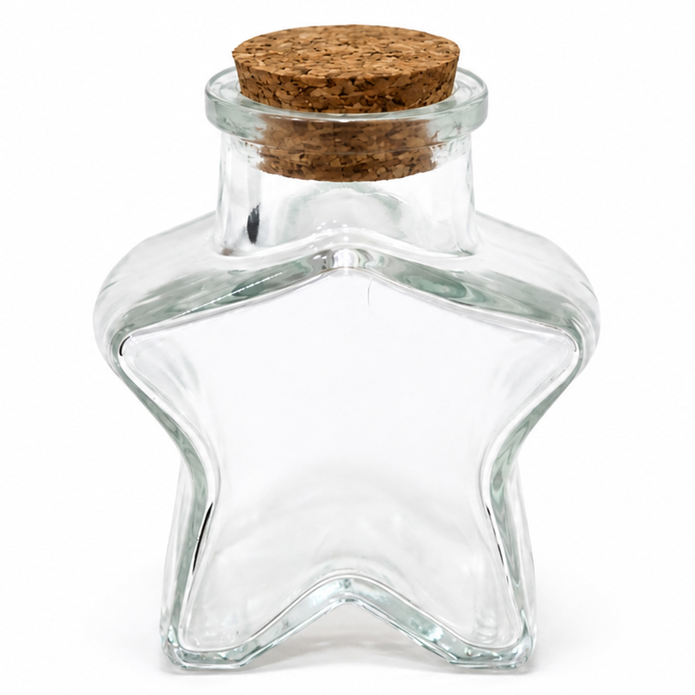 MINI POTE DE VIDRO ESTRELA COM TAMPA CORTICA 65ML