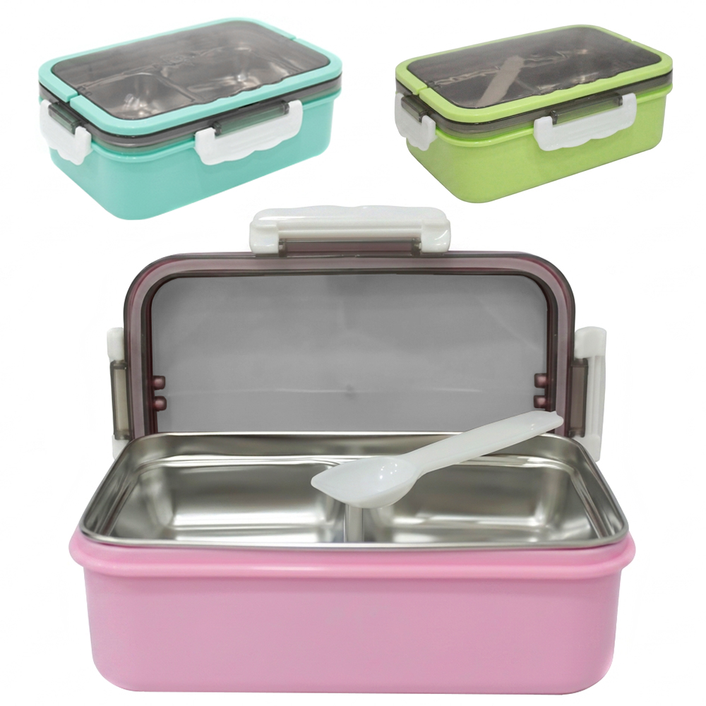 MARMITA DE INOX / PLASTICO RETANGULAR COM 3 DIVISORIAS + COLHER COM TAMPA 410ML