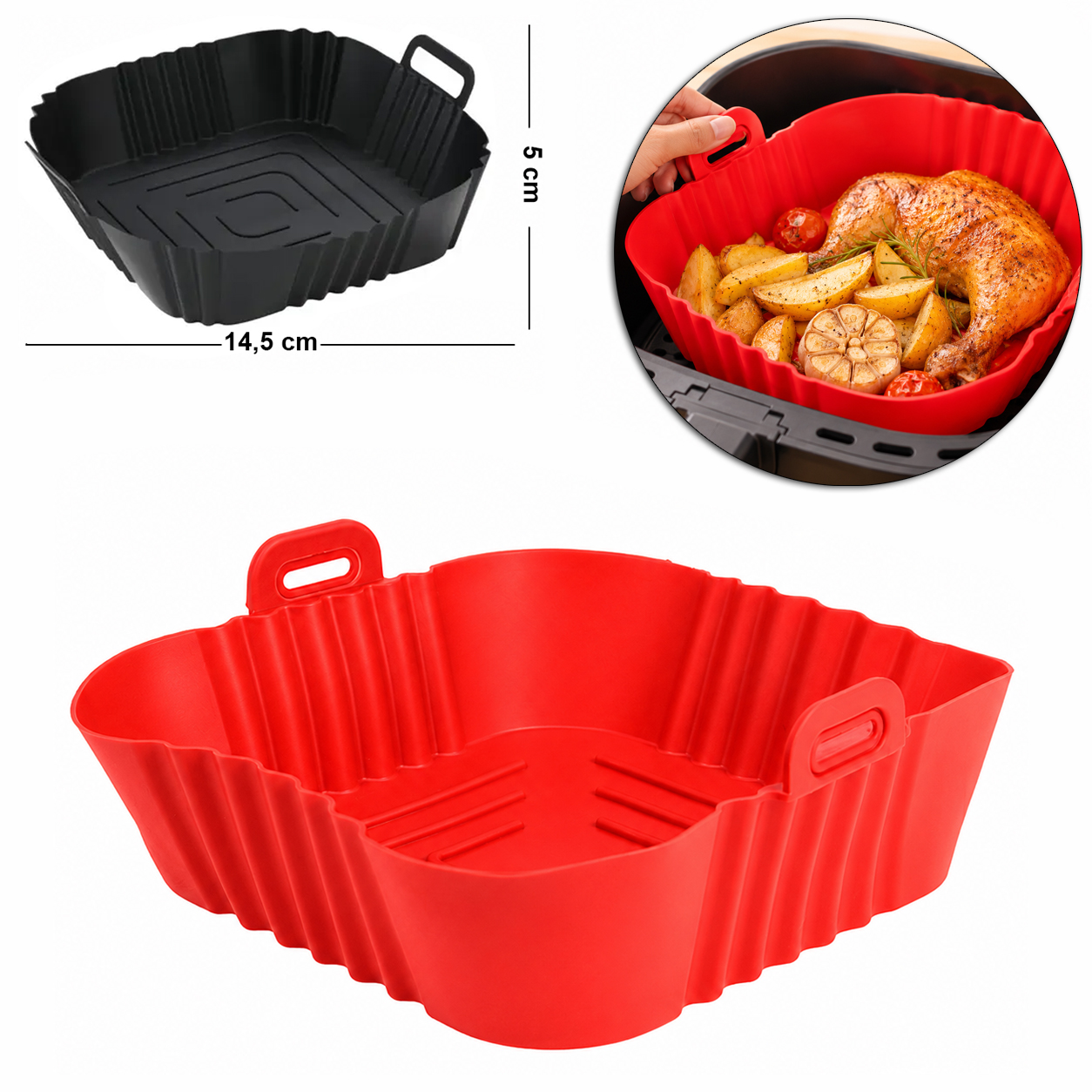 FORMA DE SILICONE QUADRADA COM ALCA PARA AIR FRYER / FRITADEIRA ELETRICA 14,5X5CM