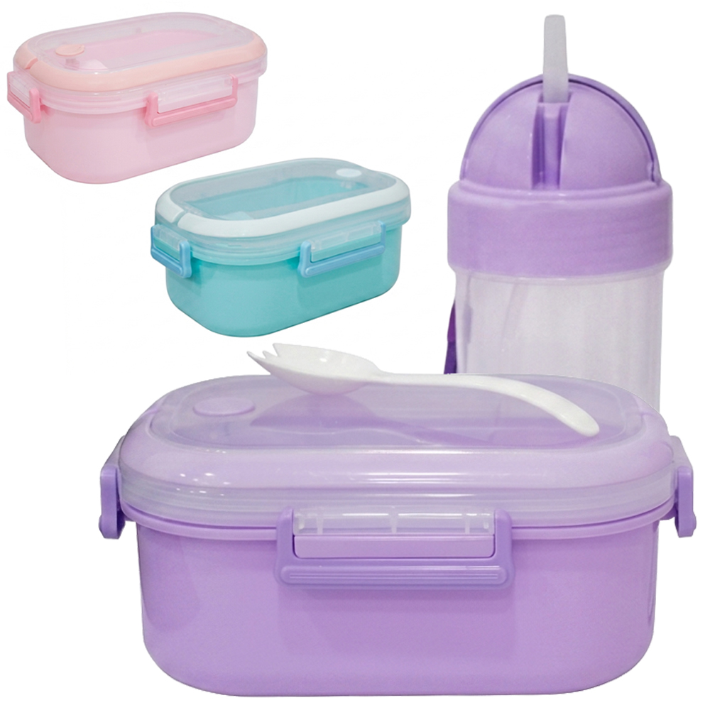 KIT ALIMENTACAO / PAPINHA VIAGEM MARMITA DE PLASTICO RETANGULAR COM TAMPA + COLHER E COPO 350ML