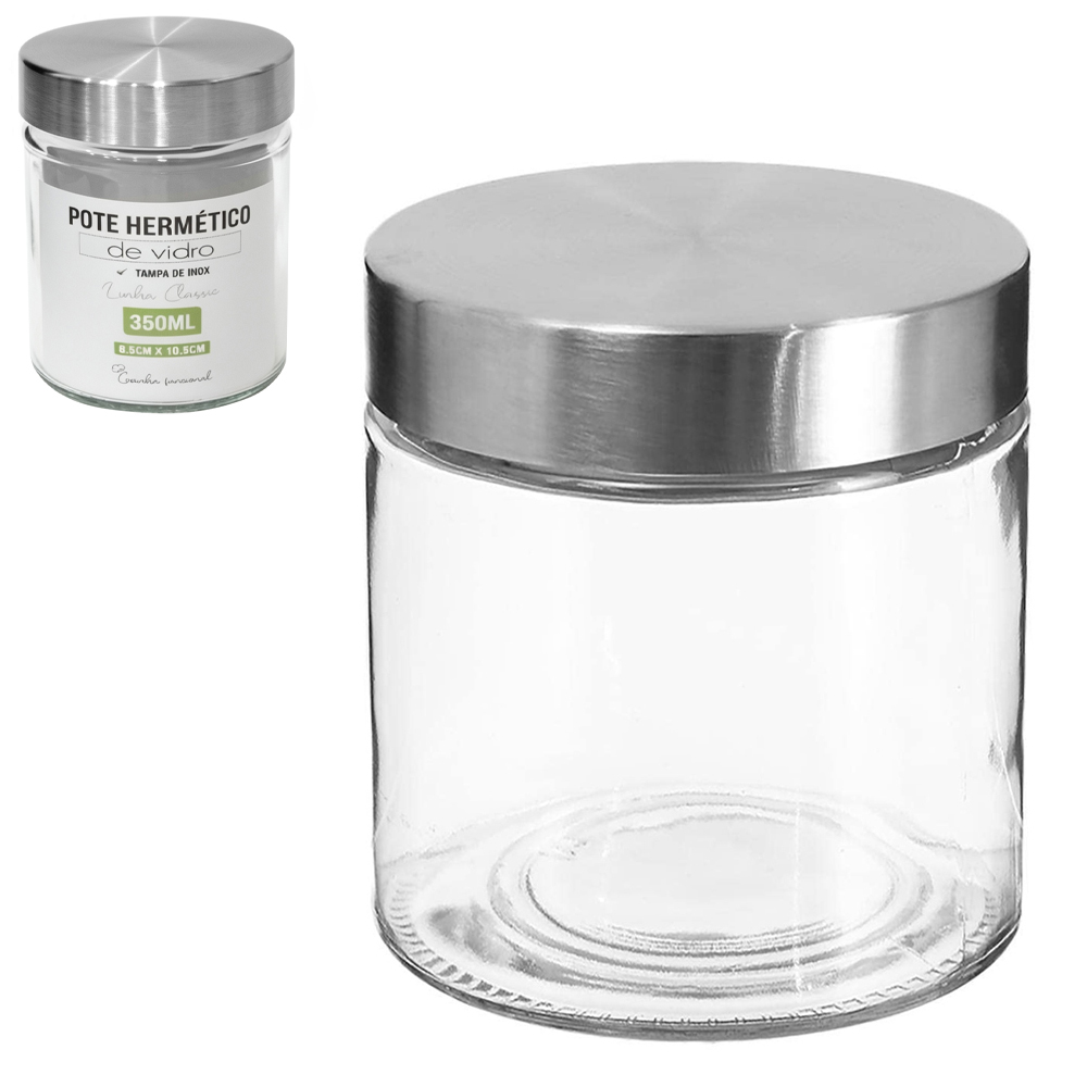POTE DE VIDRO REDONDO COM TAMPA HERMETICA DE INOX 350ML