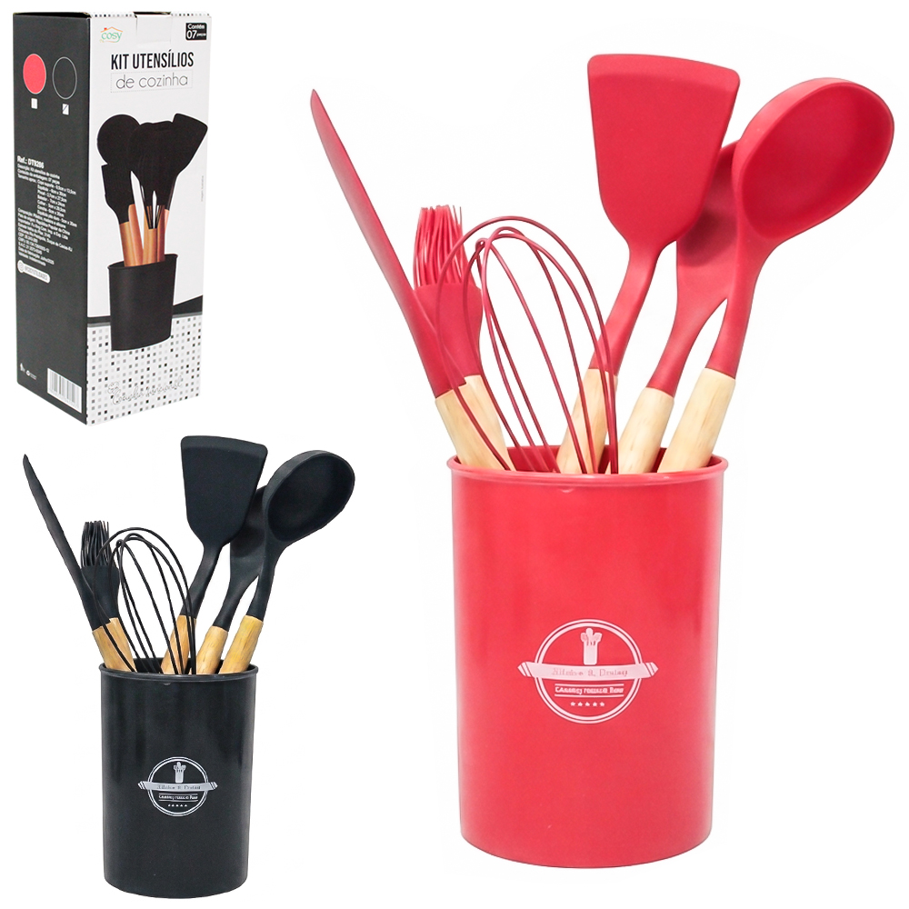 KIT UTENSILIOS 2 ESPATULA / COLHER / CONCHA / PINCEL / BATEDOR CLARA FOUET SILICONE + ESCORREDOR