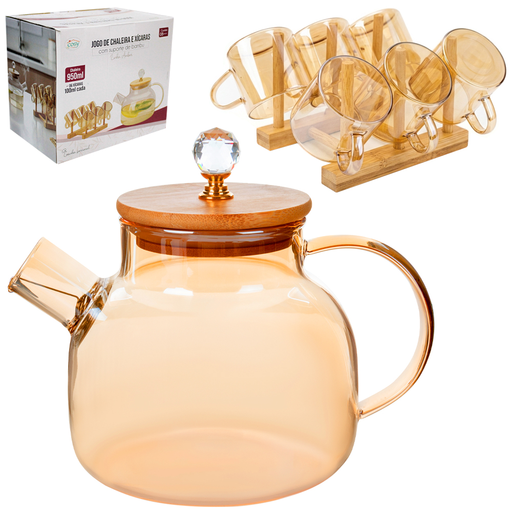 CHALEIRA DE VIDRO AMBAR COM 6 XICARAS + COADOR INOX NO BICO E COM TAMPA E SUPORTE DE BAMBU 950ML / 100ML