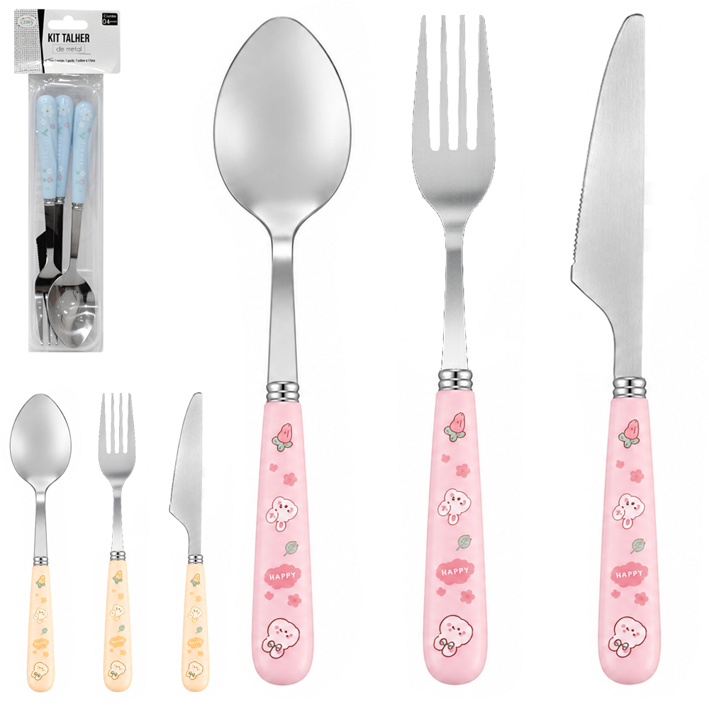 CONJUNTO DE TALHER COM GARFO + FACA E COLHER DE INOX CABO PLASTICO 3 PECAS NO ESTOJO